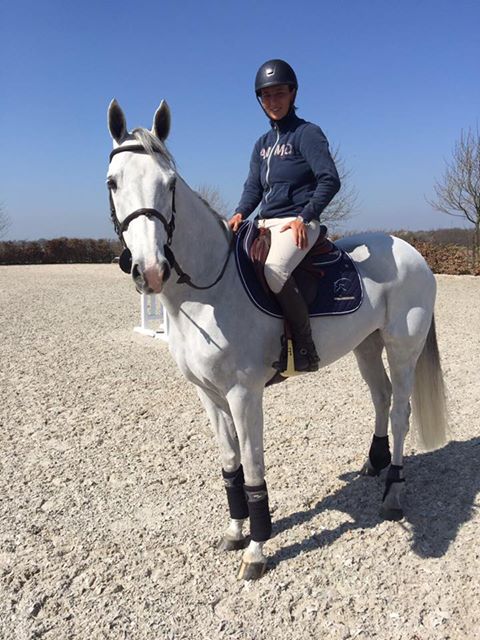 Катарина Оффель приветствует новую лошадь в своих конюшнях